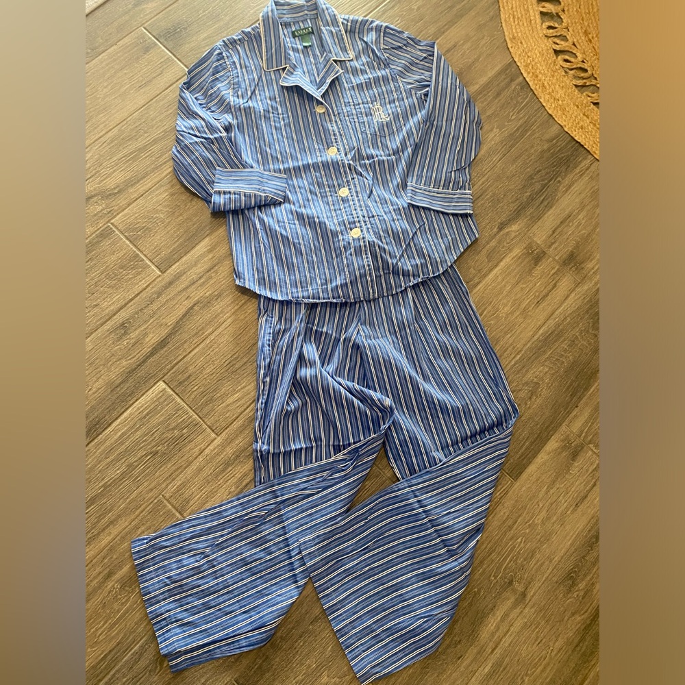 Lauren Ralph Lauren Women’s Pajama Set Blue White Stripe Size XL Cotton - Picture 3 of 6